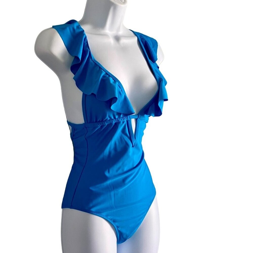 Cupshe Blue Ruffle Tie Back Plunging Neck Strappy One Piece Swimsuit XS NEW NWT - Picture 6 of 10